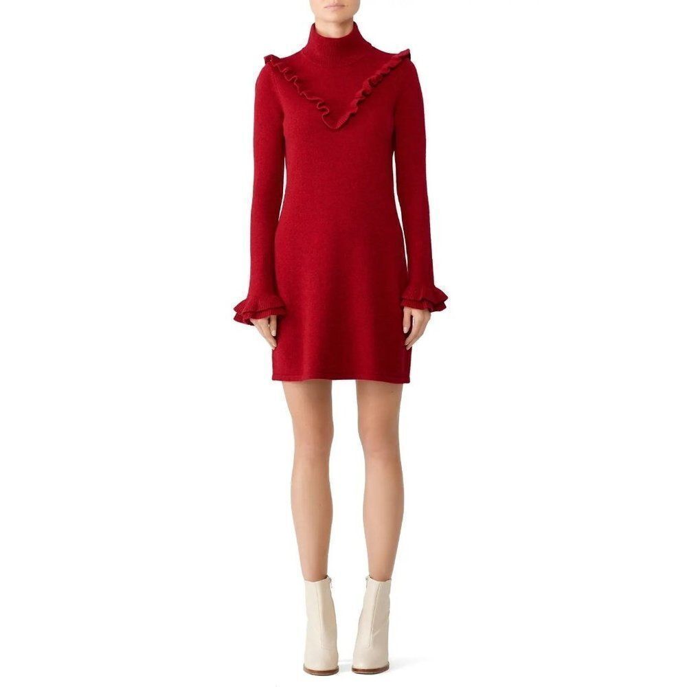 Rebecca Minkoff Red Dulcie Ruffle Sheath Mini Sweater Dress Mock Neck Size S